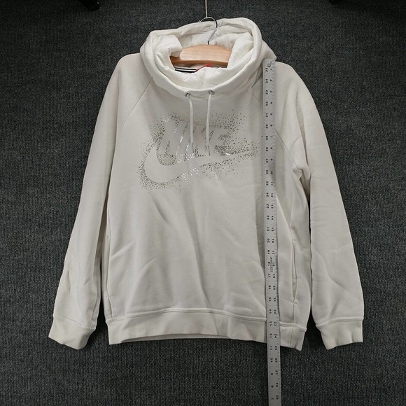 Nike Mens Hoodie White Medium Metallic Logo Funnel Neck Pullover Long Sleeve - Picture 13 of 15